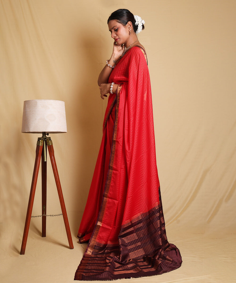 Stunning Red Saree with Ornate Zari Border and Festive Blouse