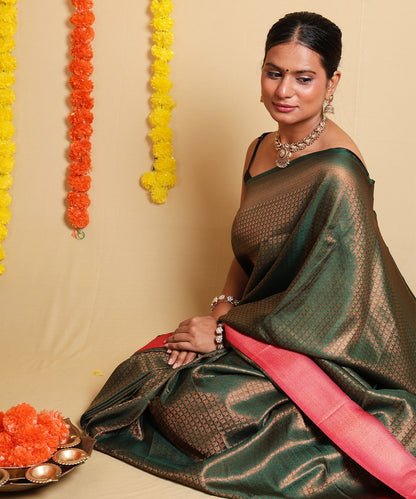 Vibrant Green and Red Shaded Saree with Zari Border and Blouse