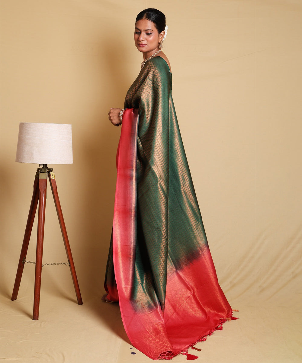 Vibrant Green and Red Shaded Saree with Zari Border and Blouse