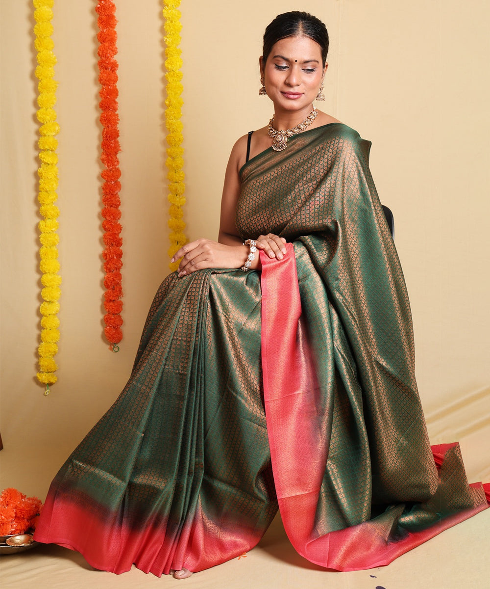 Vibrant Green and Red Shaded Saree with Zari Border and Blouse