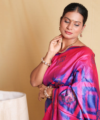 Pink and Blue Double Ikkat Art Silk Saree with Unique Blouse