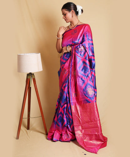 Pink and Blue Double Ikkat Art Silk Saree with Unique Blouse