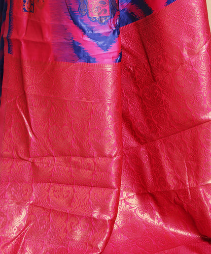 Pink and Blue Double Ikkat Art Silk Saree with Unique Blouse