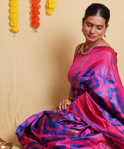 Pink and Blue Double Ikkat Art Silk Saree with Unique Blouse