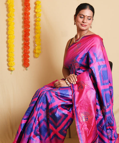 Pink and Blue Double Ikkat Art Silk Saree with Unique Blouse