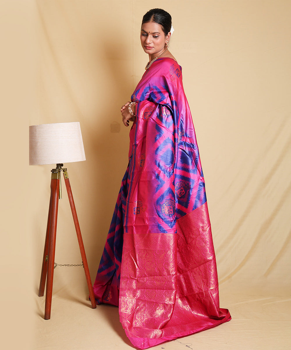 Pink and Blue Double Ikkat Art Silk Saree with Unique Blouse