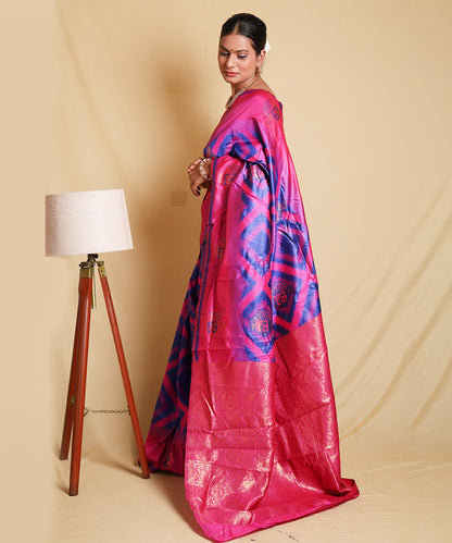 Pink and Blue Double Ikkat Art Silk Saree with Unique Blouse