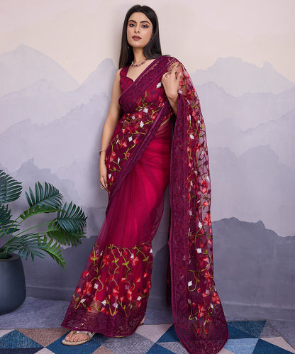 Maroon Embroidered Net Saree with Detailed Craftsmanship