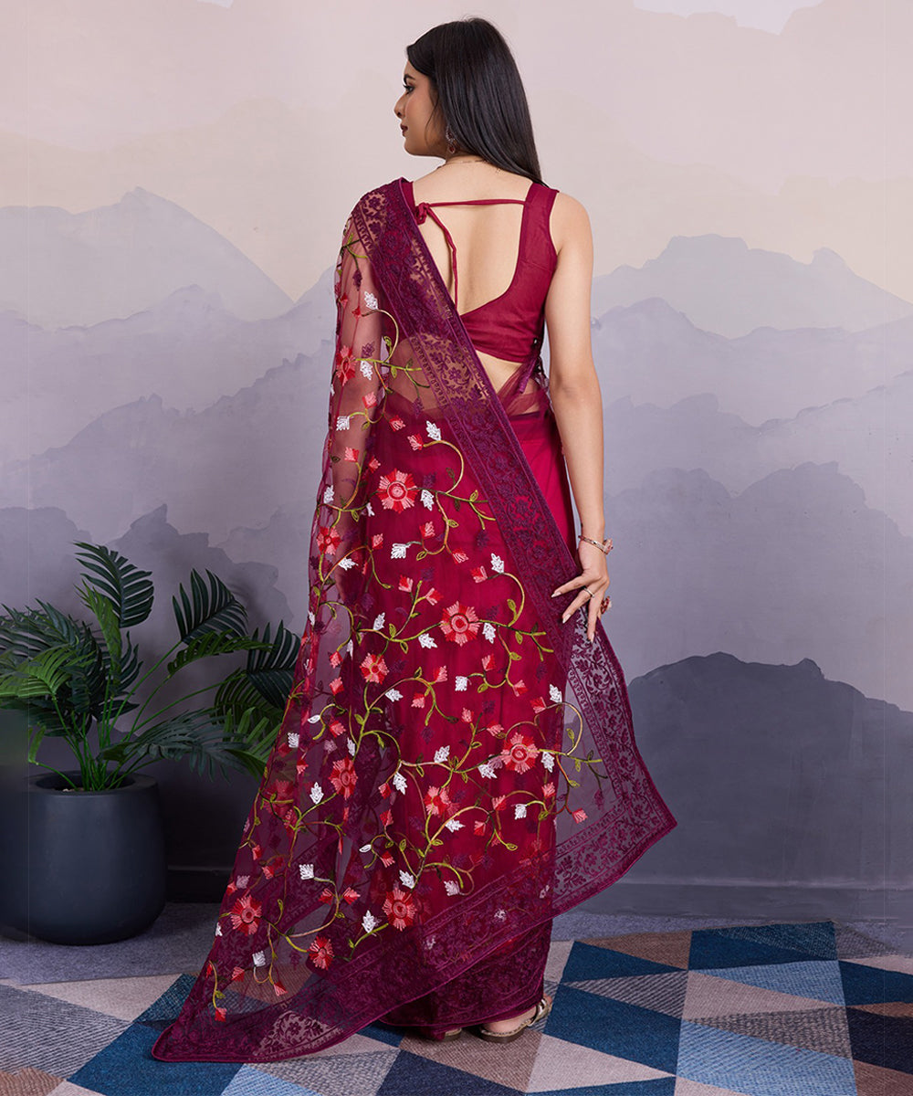 Maroon Embroidered Net Saree with Detailed Craftsmanship