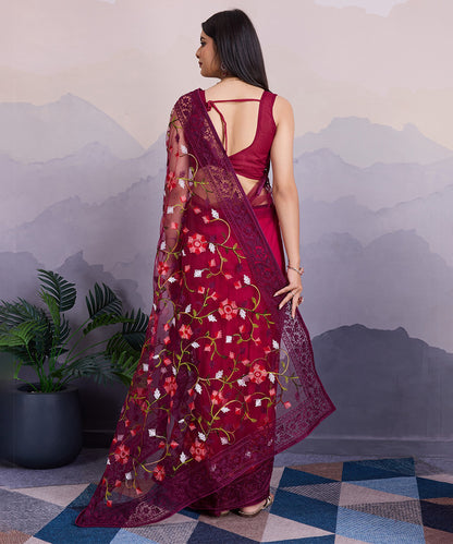 Maroon Embroidered Net Saree with Detailed Craftsmanship