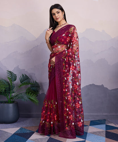 Maroon Embroidered Net Saree with Detailed Craftsmanship