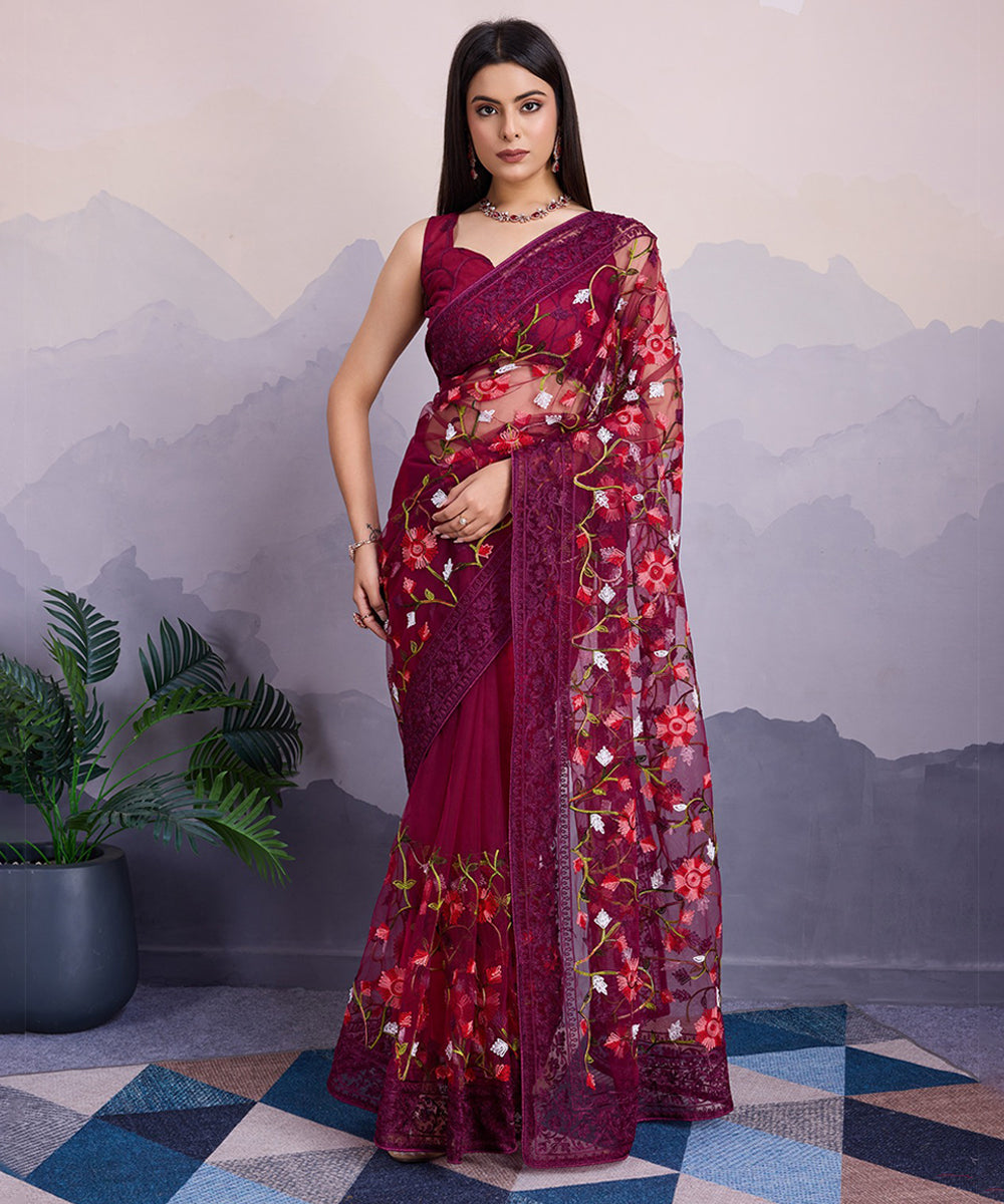 Maroon Embroidered Net Saree with Detailed Craftsmanship