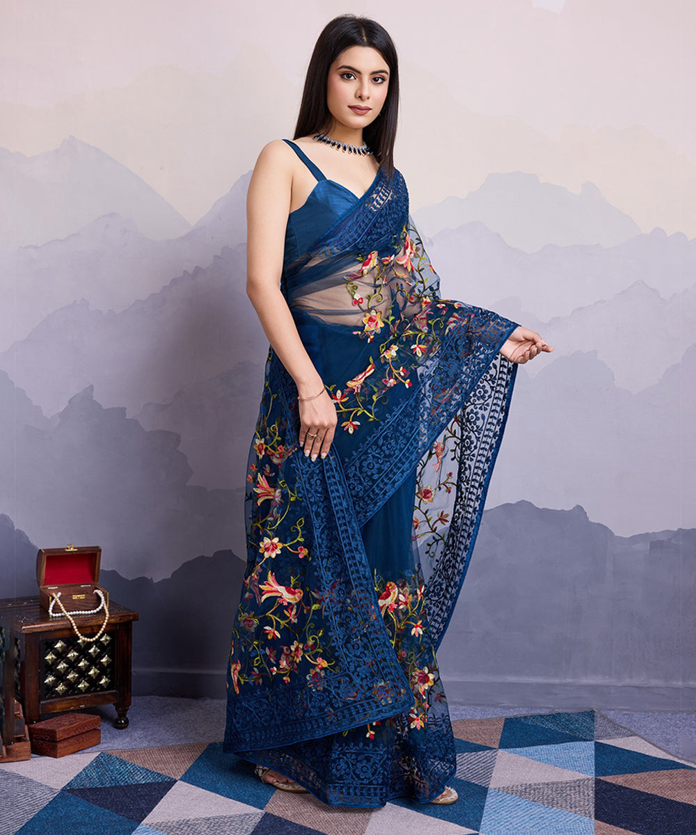 Navy Blue Net Saree with Delicate Embroidery and Stylish Blouse