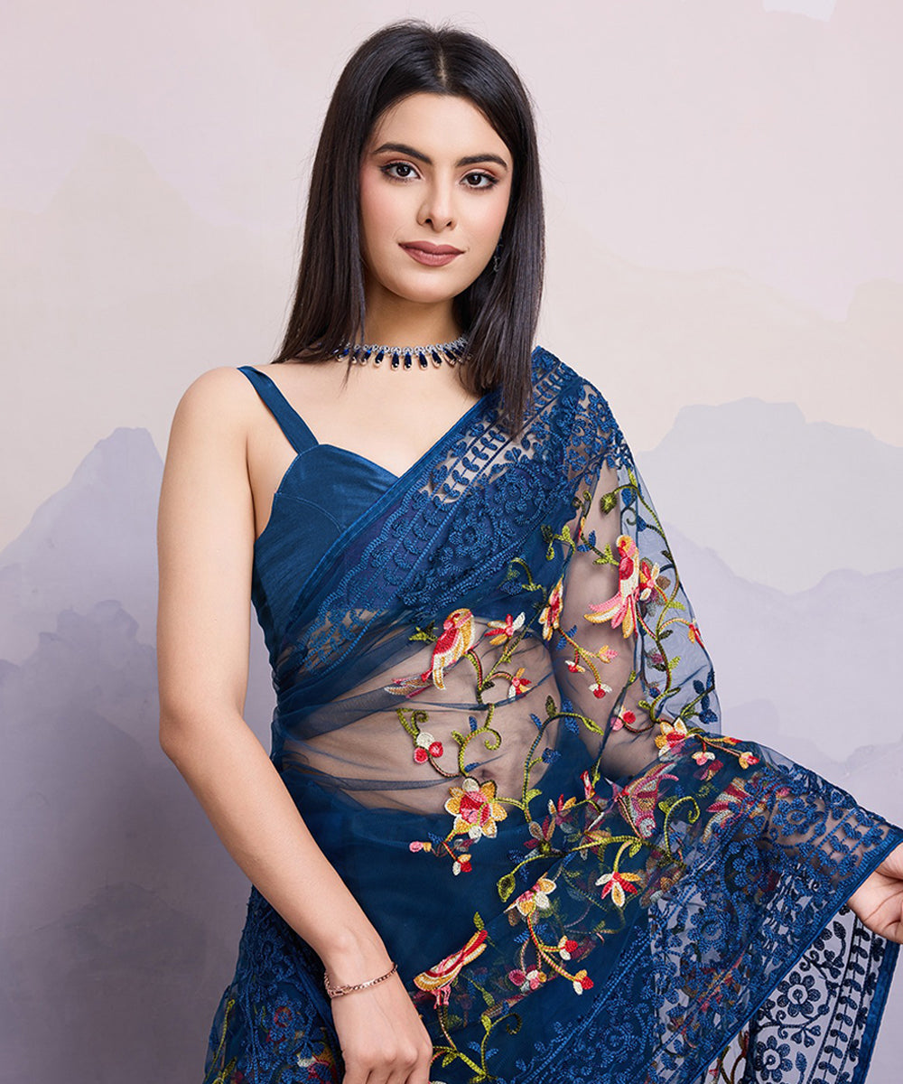 Navy Blue Net Saree with Delicate Embroidery and Stylish Blouse