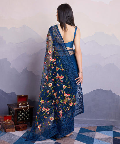 Navy Blue Net Saree with Delicate Embroidery and Stylish Blouse