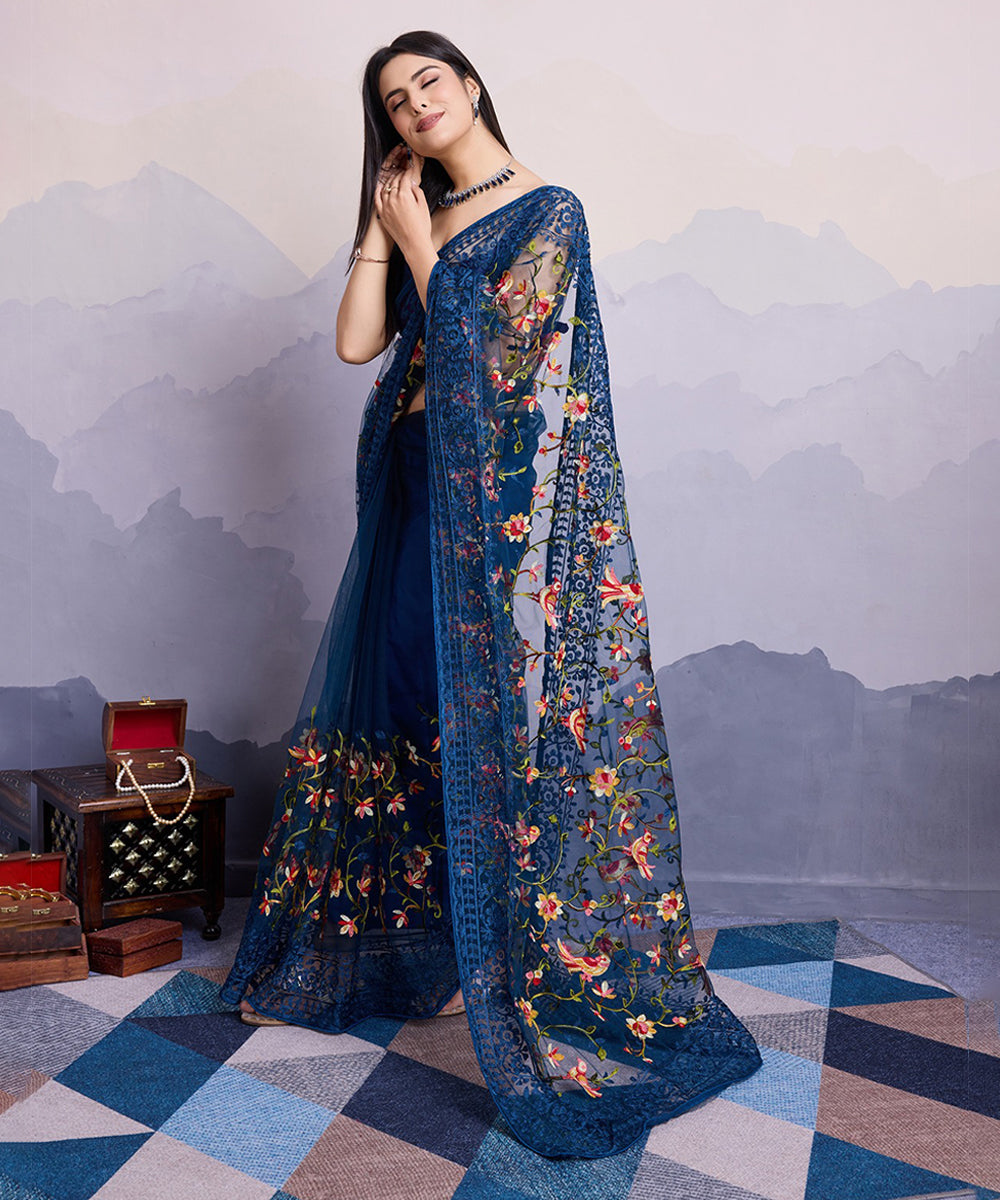 Navy Blue Net Saree with Delicate Embroidery and Stylish Blouse