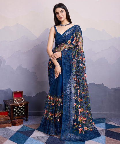 Navy Blue Net Saree with Delicate Embroidery and Stylish Blouse