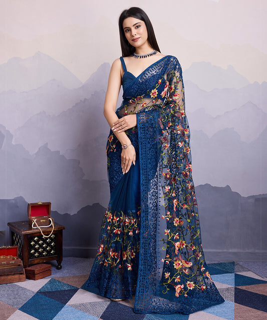 Navy Blue Net Saree with Delicate Embroidery and Stylish Blouse