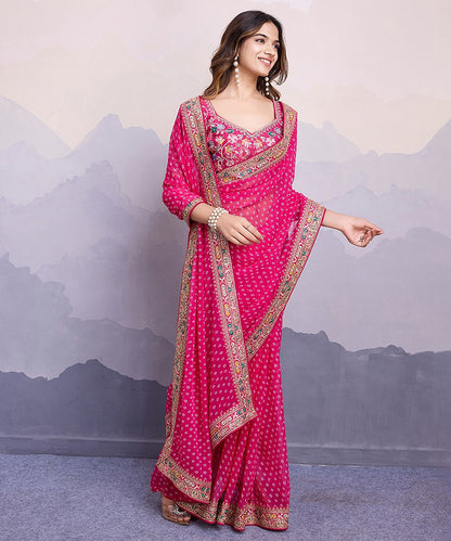 Pink Bandhani Georgette Saree with Traditional Embroidered Border