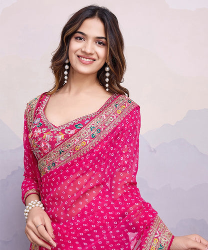 Pink Bandhani Georgette Saree with Traditional Embroidered Border