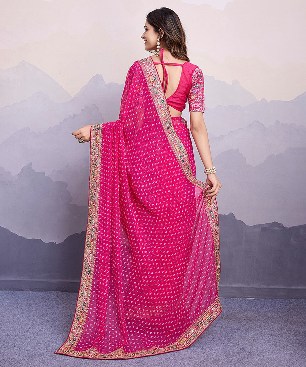 Pink Bandhani Georgette Saree with Traditional Embroidered Border