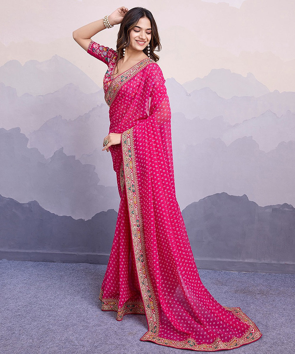 Pink Bandhani Georgette Saree with Traditional Embroidered Border