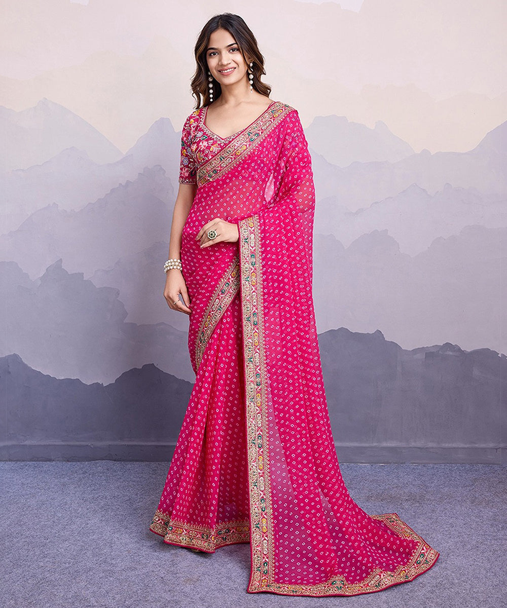 Pink Bandhani Georgette Saree with Traditional Embroidered Border