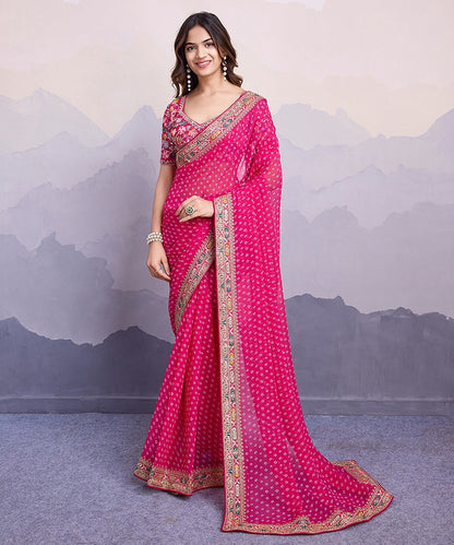 Pink Bandhani Georgette Saree with Traditional Embroidered Border