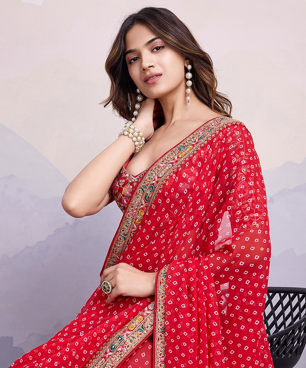 Red Georgette Saree with Abstract Patterned Modern Blouse