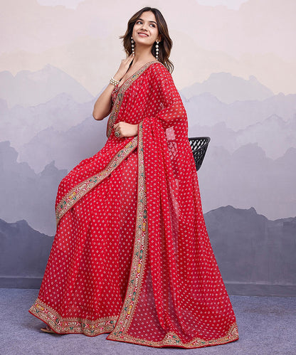 Red Georgette Saree with Abstract Patterned Modern Blouse