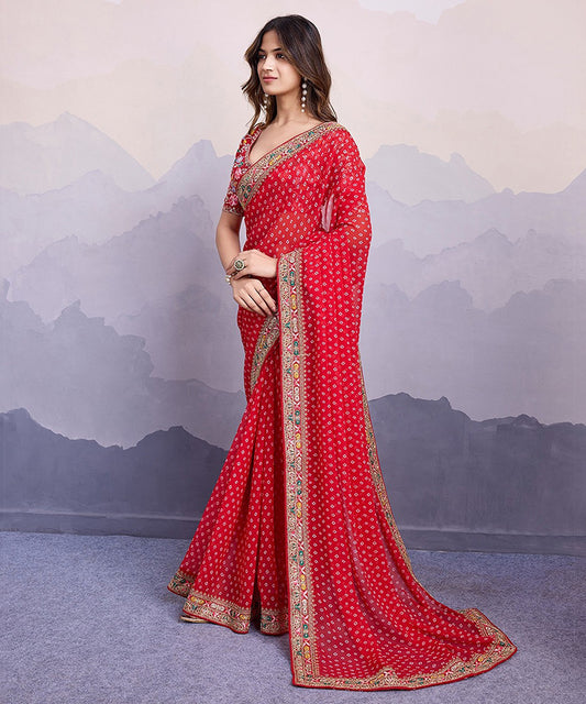 Red Georgette Saree with Abstract Patterned Modern Blouse