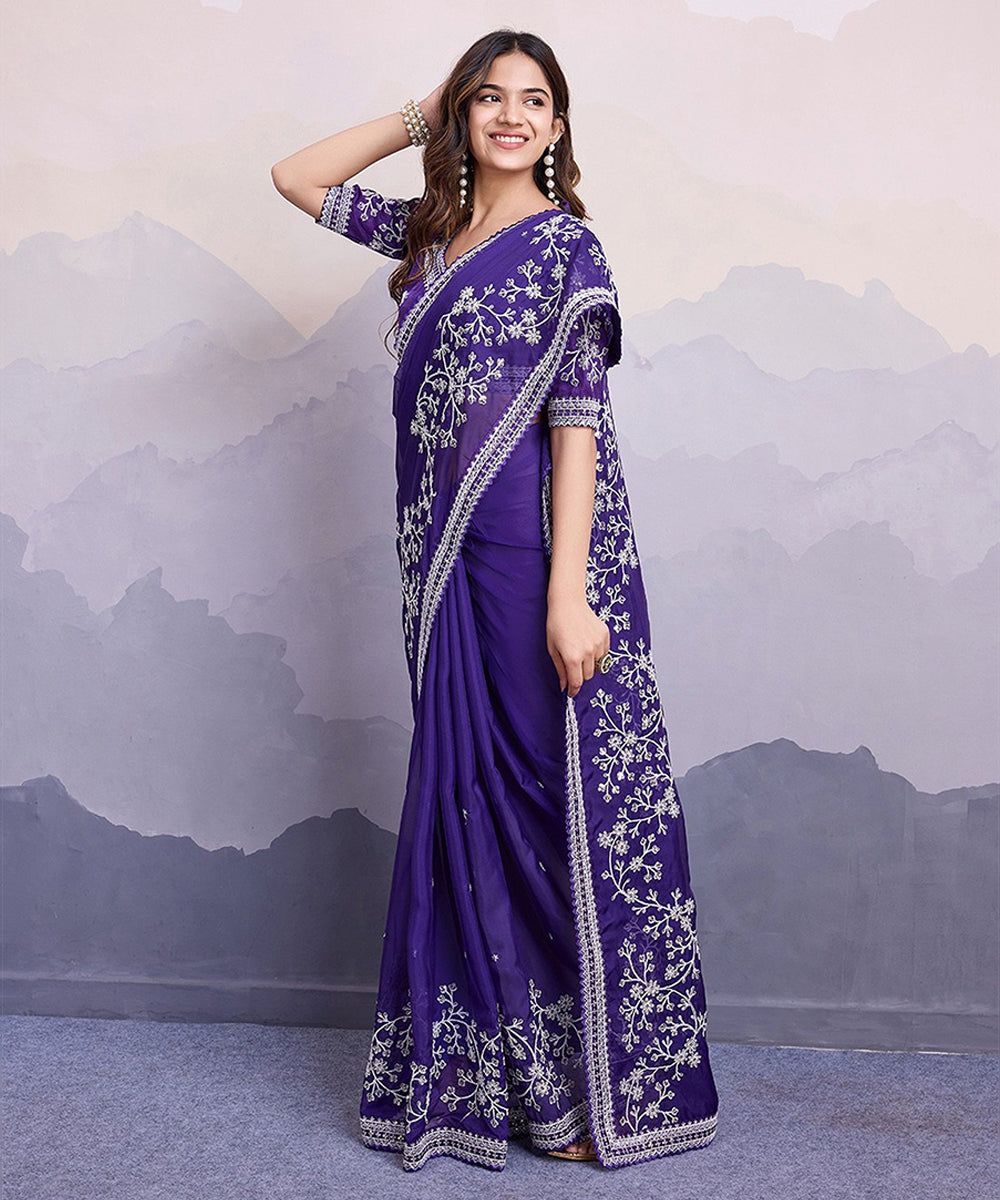 Violet Georgette Saree with Elegant Embroidery and Rich Style