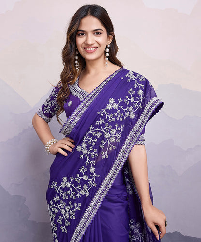 Violet Georgette Saree with Elegant Embroidery and Rich Style