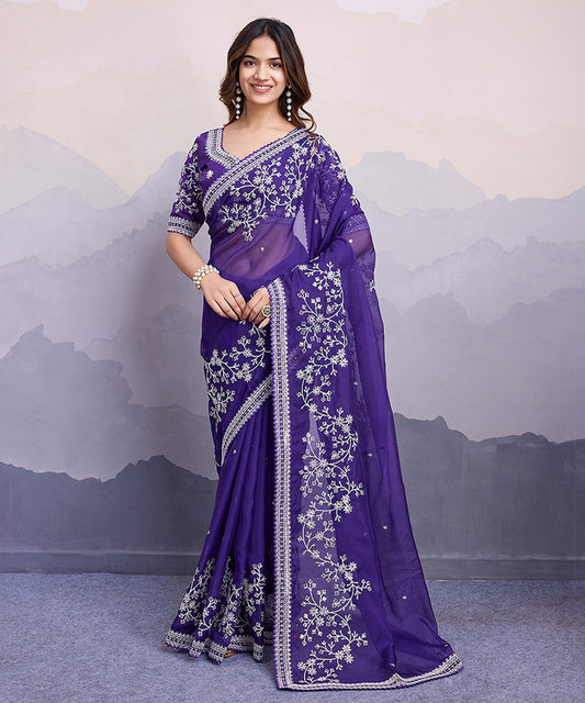 Violet Georgette Saree with Elegant Embroidery and Rich Style