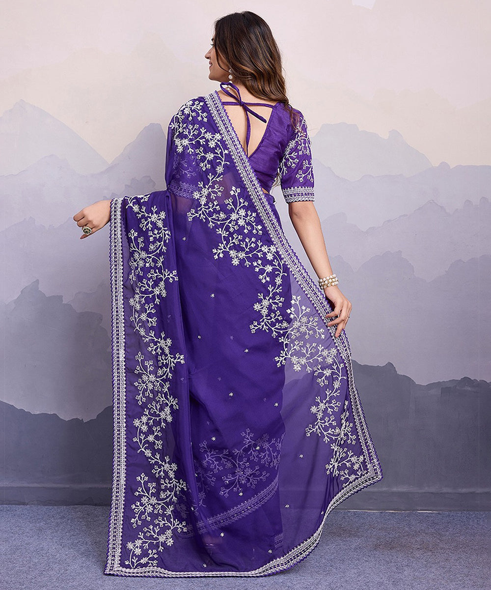 Violet Georgette Saree with Elegant Embroidery and Rich Style