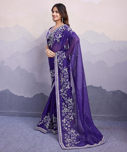 Violet Georgette Saree with Elegant Embroidery and Rich Style