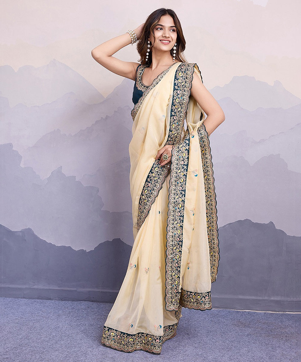 Cream Georgette Saree with Delicate Embroidery