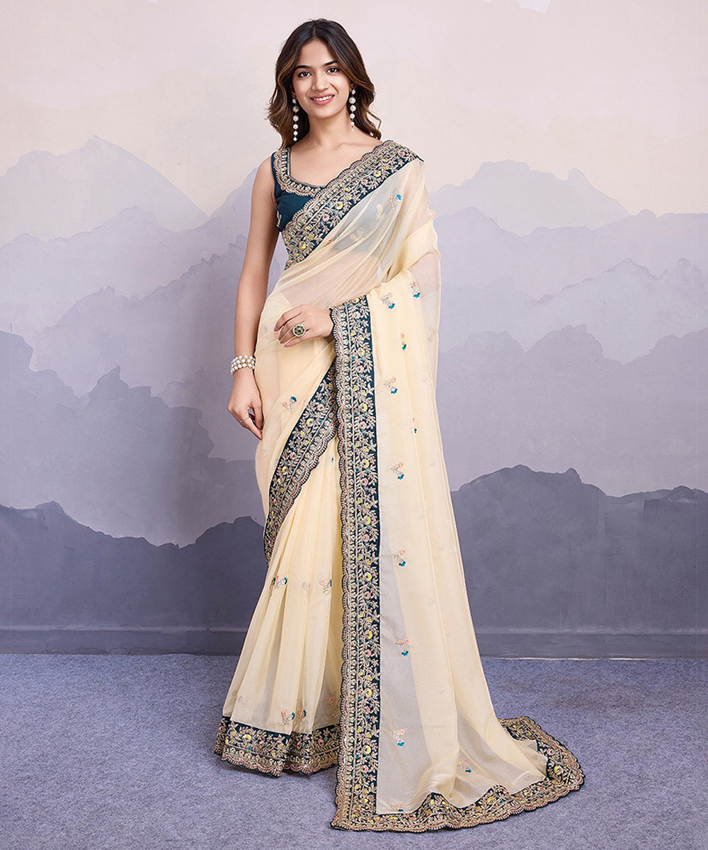 Cream Georgette Saree with Delicate Embroidery