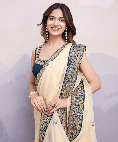 Cream Georgette Saree with Delicate Embroidery