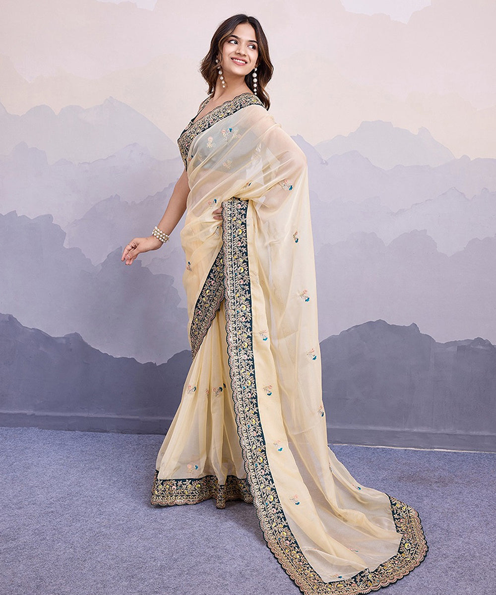 Cream Georgette Saree with Delicate Embroidery