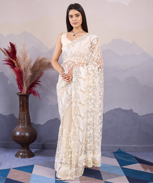 White Net Floral Printed Saree with a Breezy Lightweight Blouse