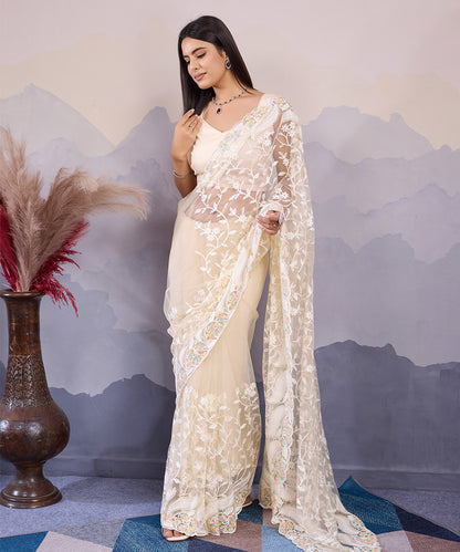 White Net Floral Printed Saree with a Breezy Lightweight Blouse