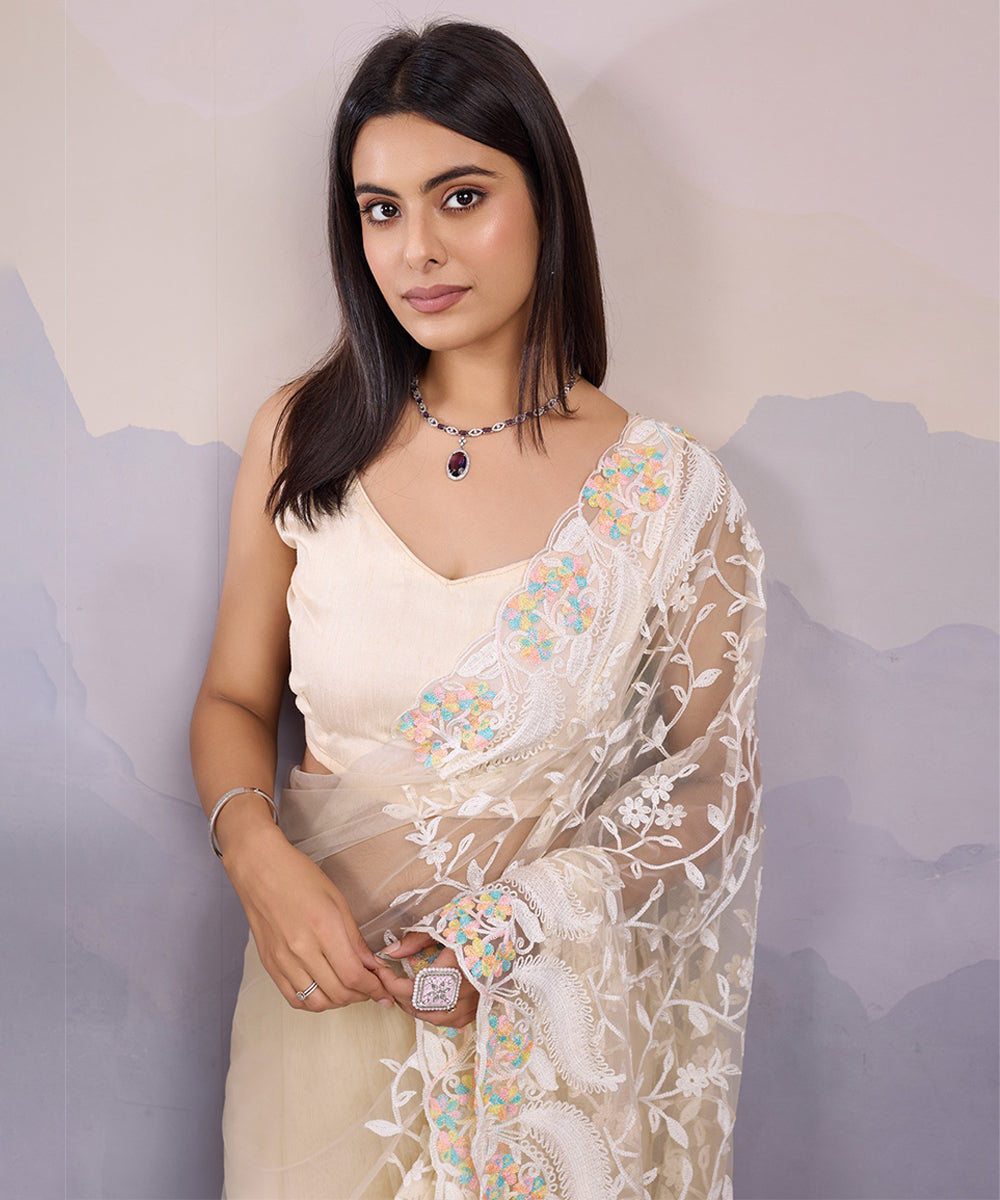 White Net Floral Printed Saree with a Breezy Lightweight Blouse