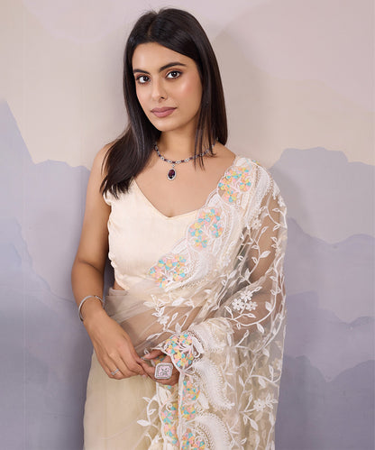 White Net Floral Printed Saree with a Breezy Lightweight Blouse