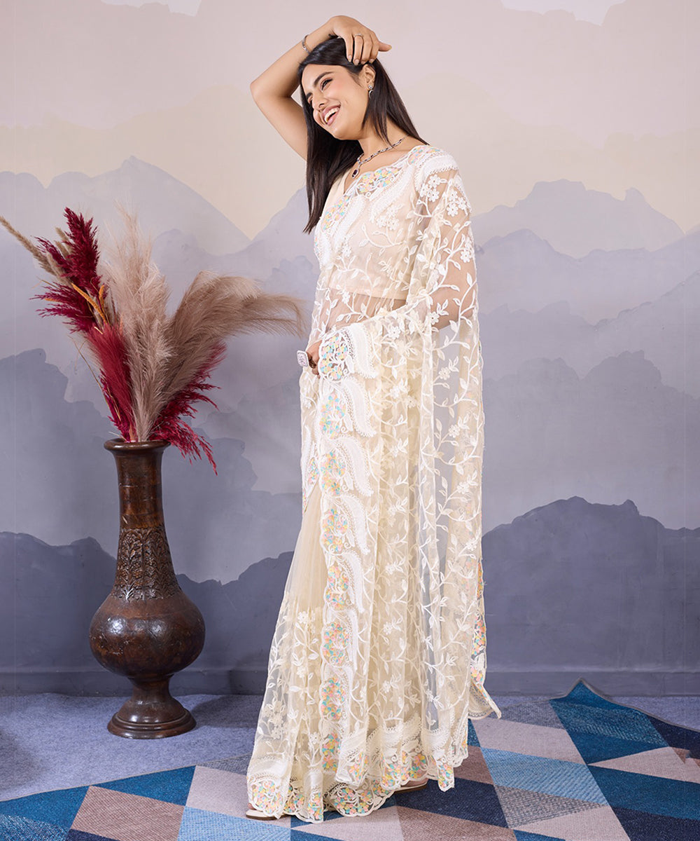 White Net Floral Printed Saree with a Breezy Lightweight Blouse