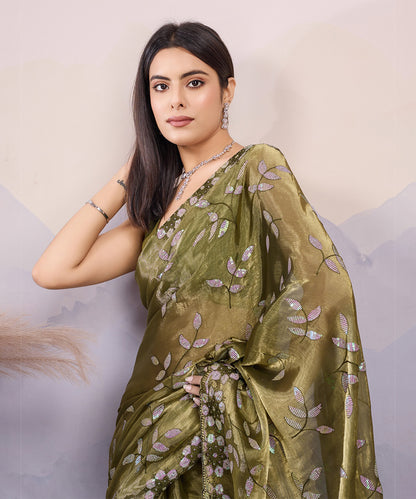 Green Embroidered Silk Saree with Artistic Detailing