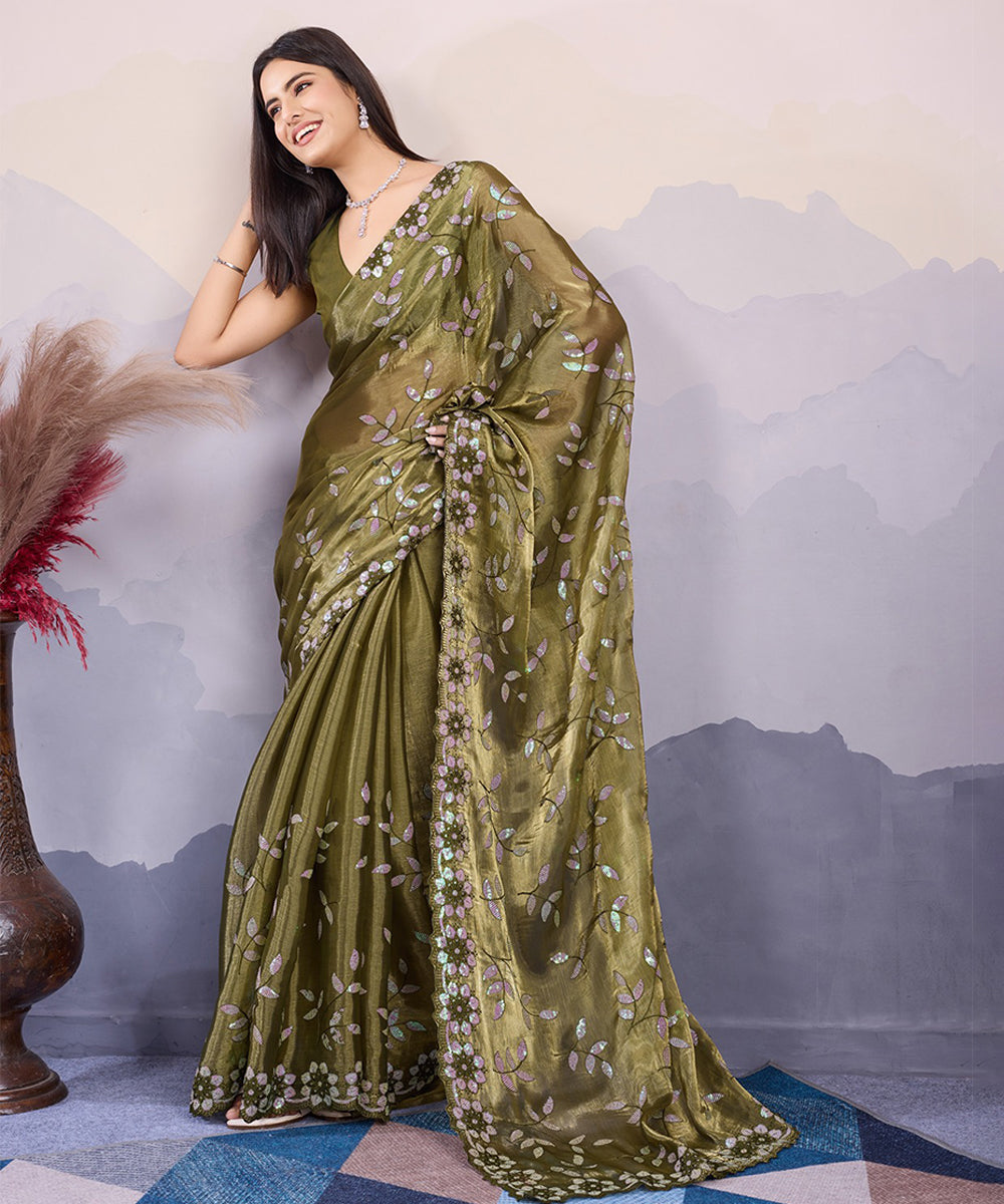 Green Embroidered Silk Saree with Artistic Detailing