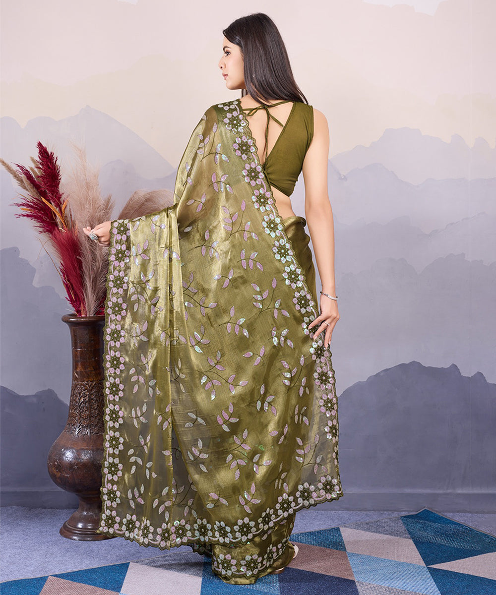 Green Embroidered Silk Saree with Artistic Detailing