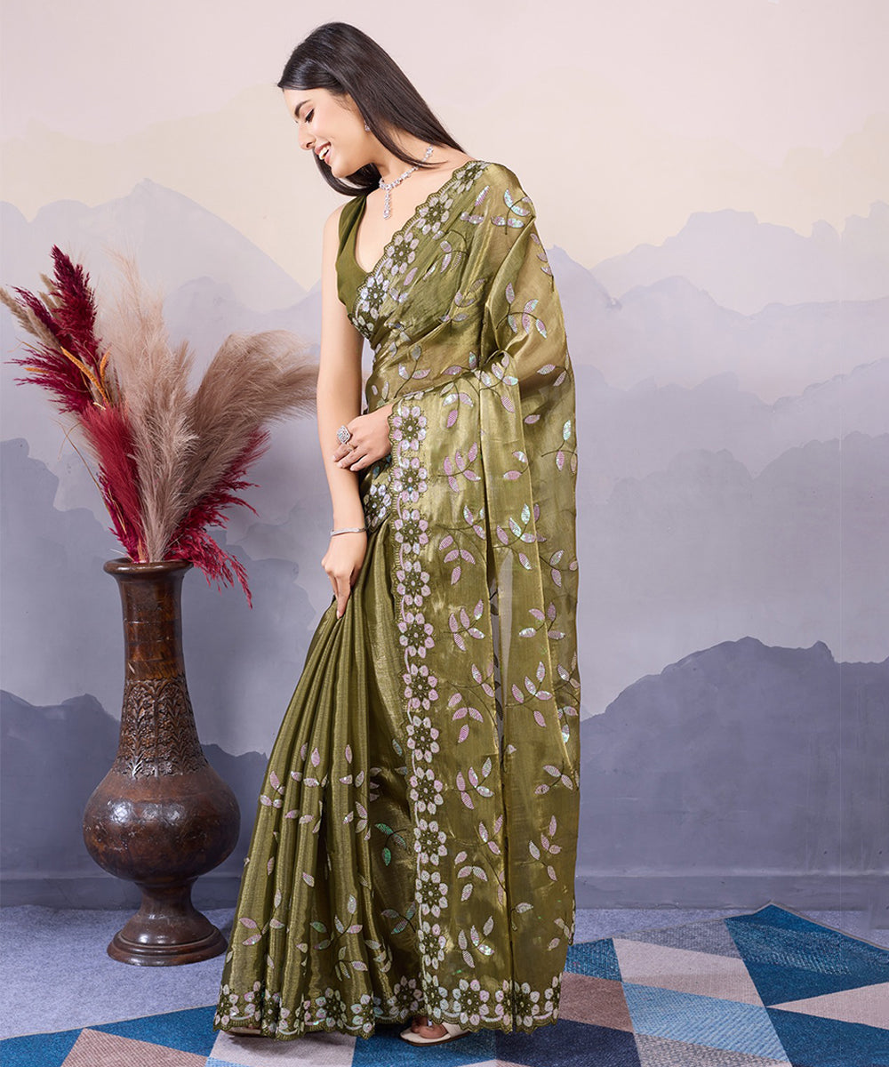 Green Embroidered Silk Saree with Artistic Detailing