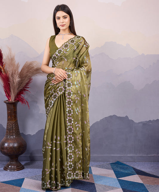 Green Embroidered Silk Saree with Artistic Detailing